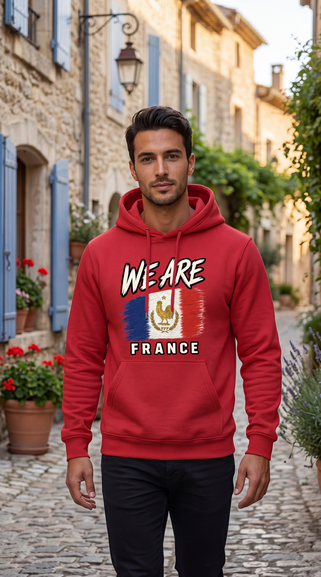 A man wearing a red hoodie with a 'WE ARE FRANCE' graphic stands on a cobblestone street in front of stone buildings.