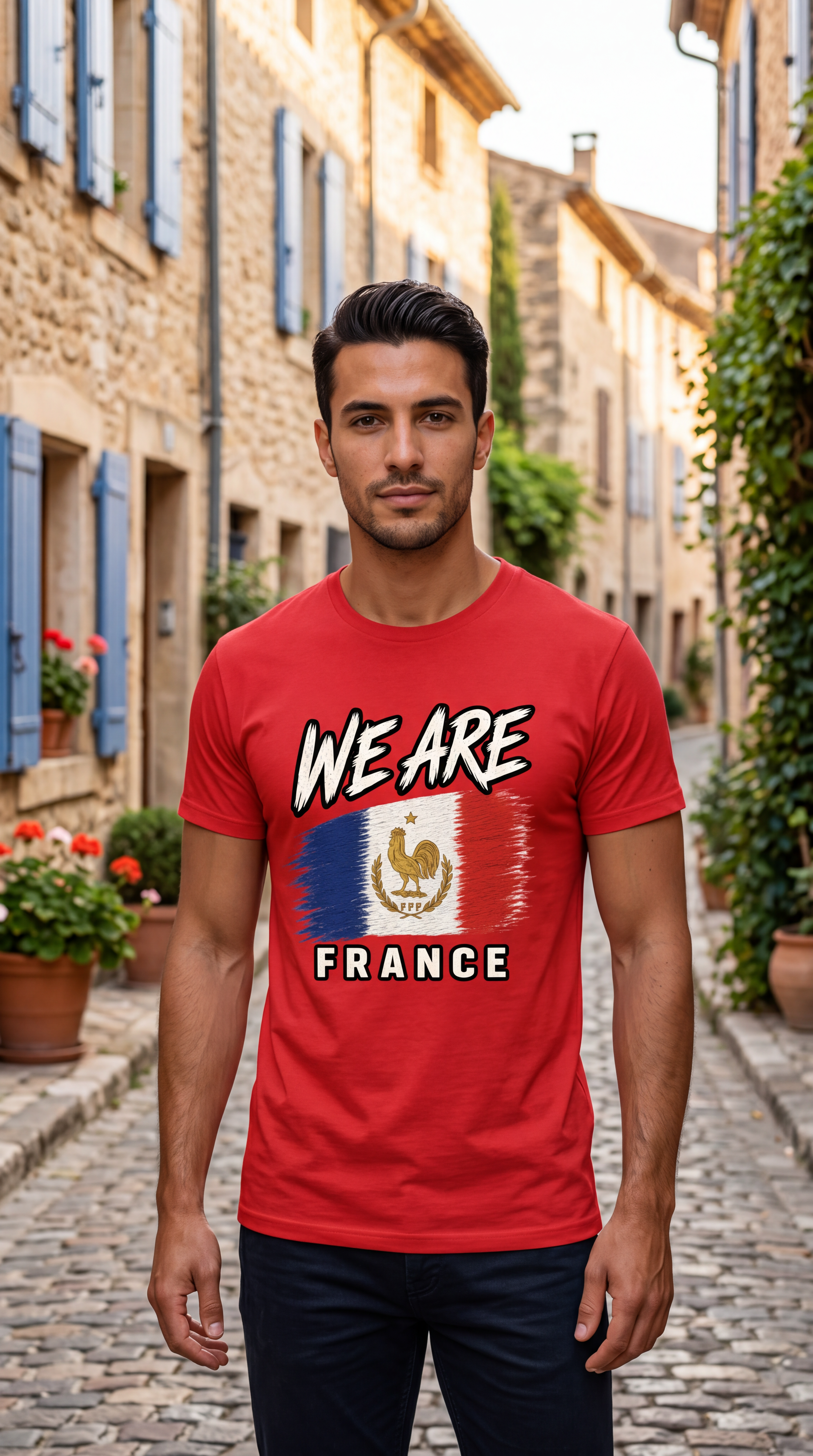 A man standing on a cobblestone street wearing a red graphic t-shirt with 'WE ARE FRANCE' and a French flag design, set against a background of traditional stone buildings.