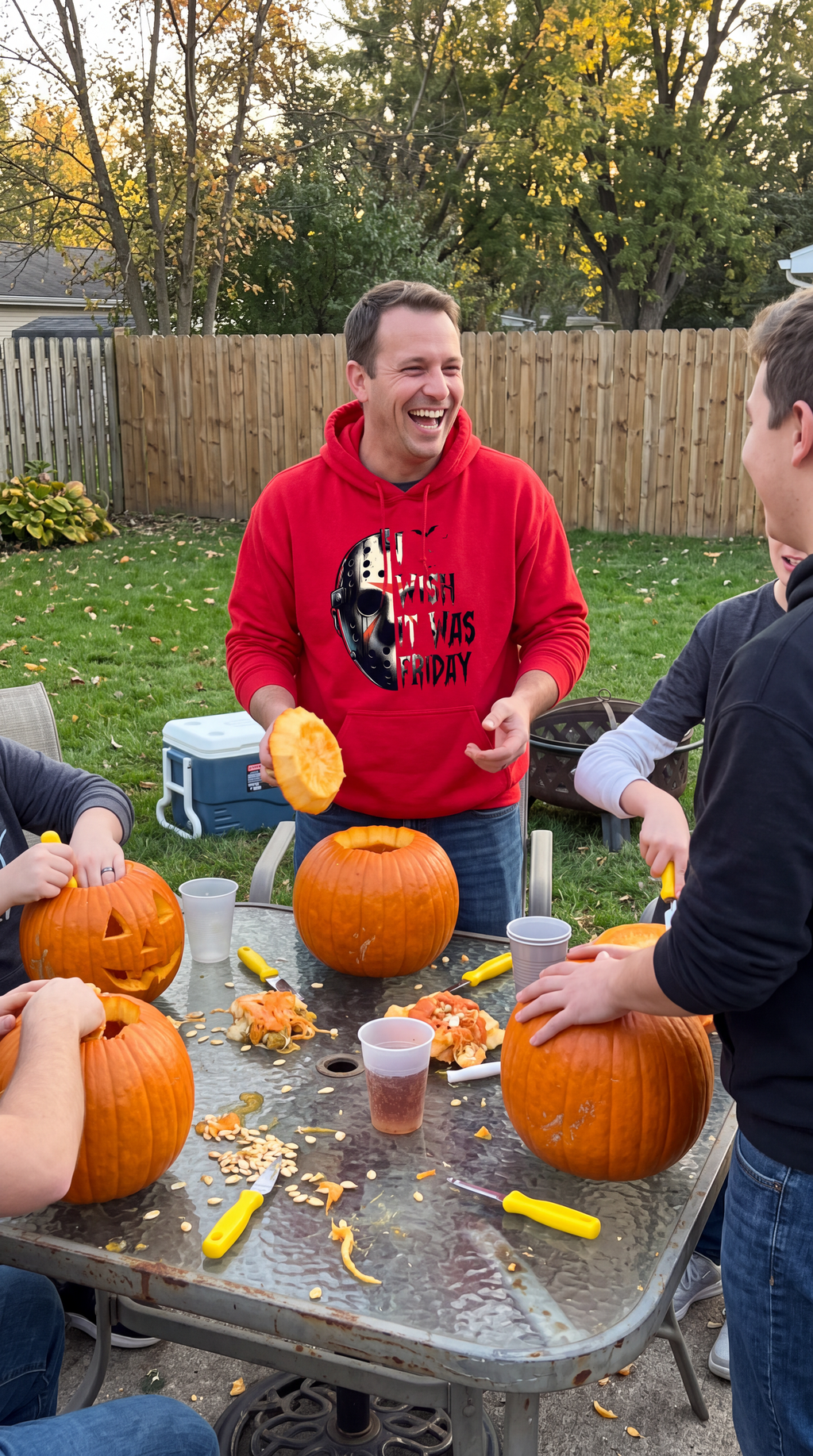 Man wearing red Friday the 13th Jason Voorhees hoodie at pumpkin display
