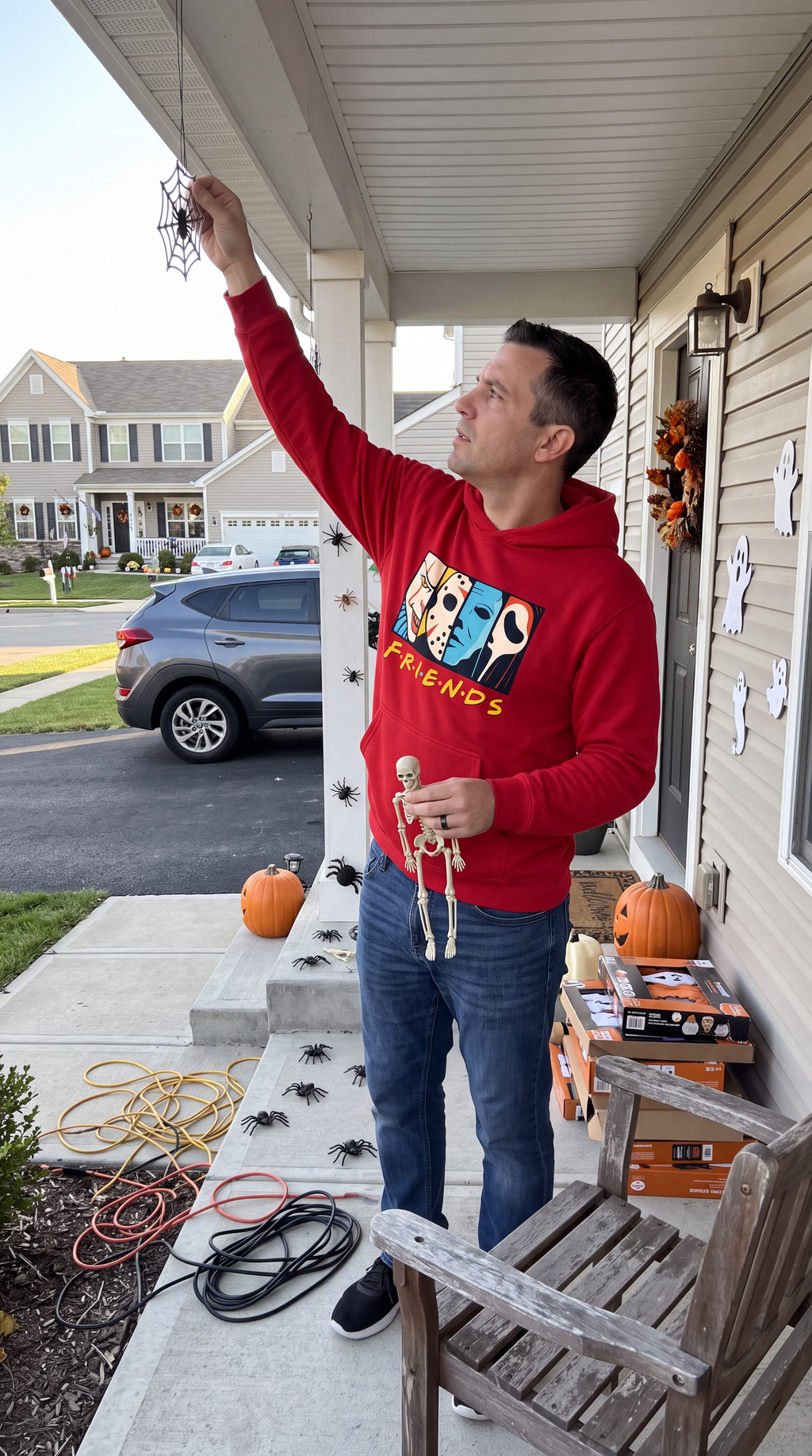 Man wearing red Horror Friends hoodie with colorful slasher character design.