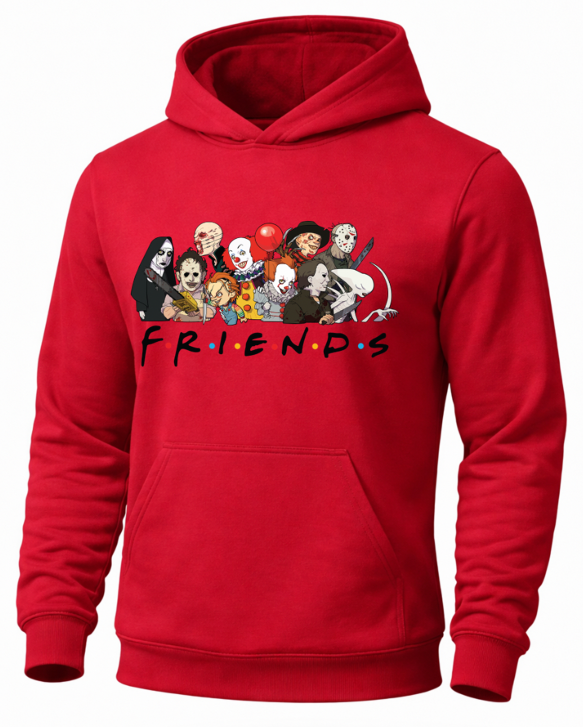 Red Horror Friends hoodie with colorful classic horror character design