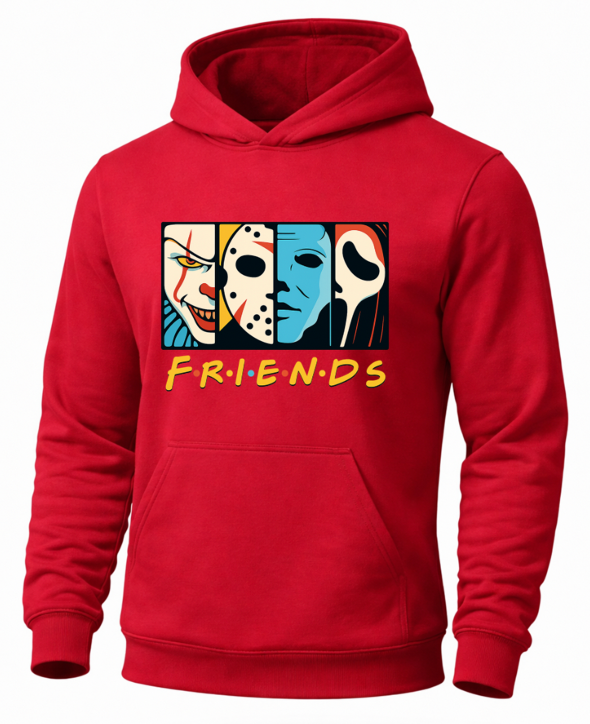 Red Horror Friends hoodie featuring colorful classic horror character graphic.
