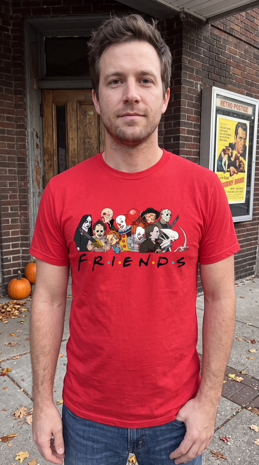 Man wearing red Horror Friends classic horror Halloween graphic tee
