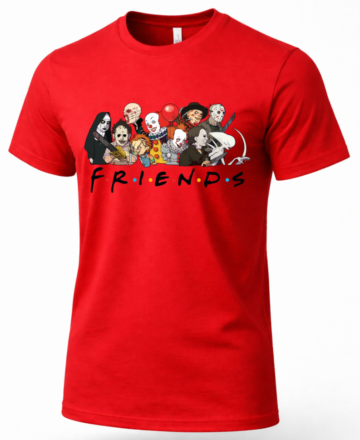 Red Horror Friends shirt with colorful scary movie character design