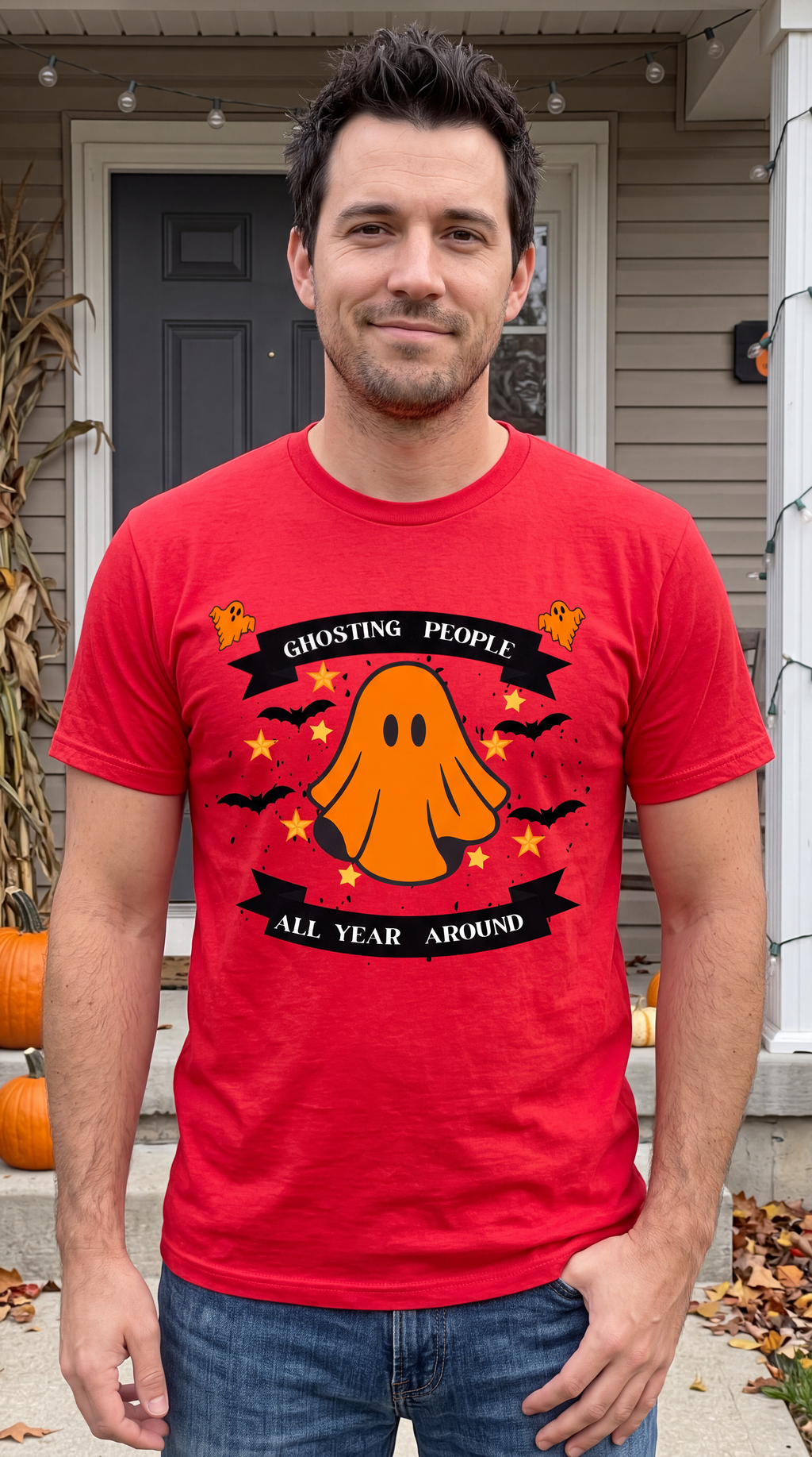 Man wearing red Ghosting People All Year Round funny Halloween ghost shirt