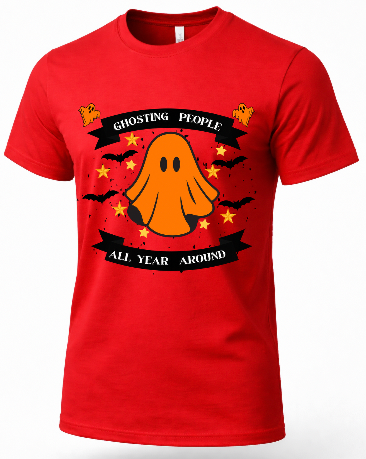 Red Ghosting People All Year Round shirt with orange ghost Halloween graphic