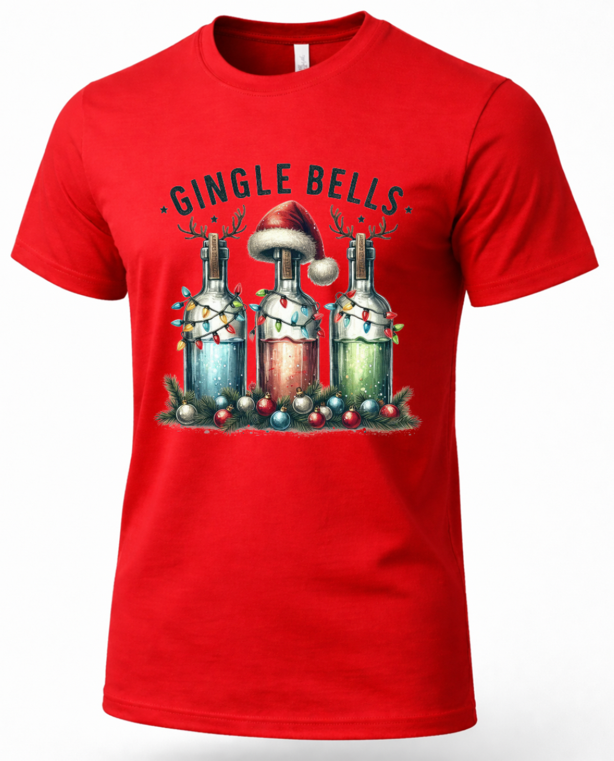 Red Christmas shirt featuring Gingle Bells festive liquor bottle graphic