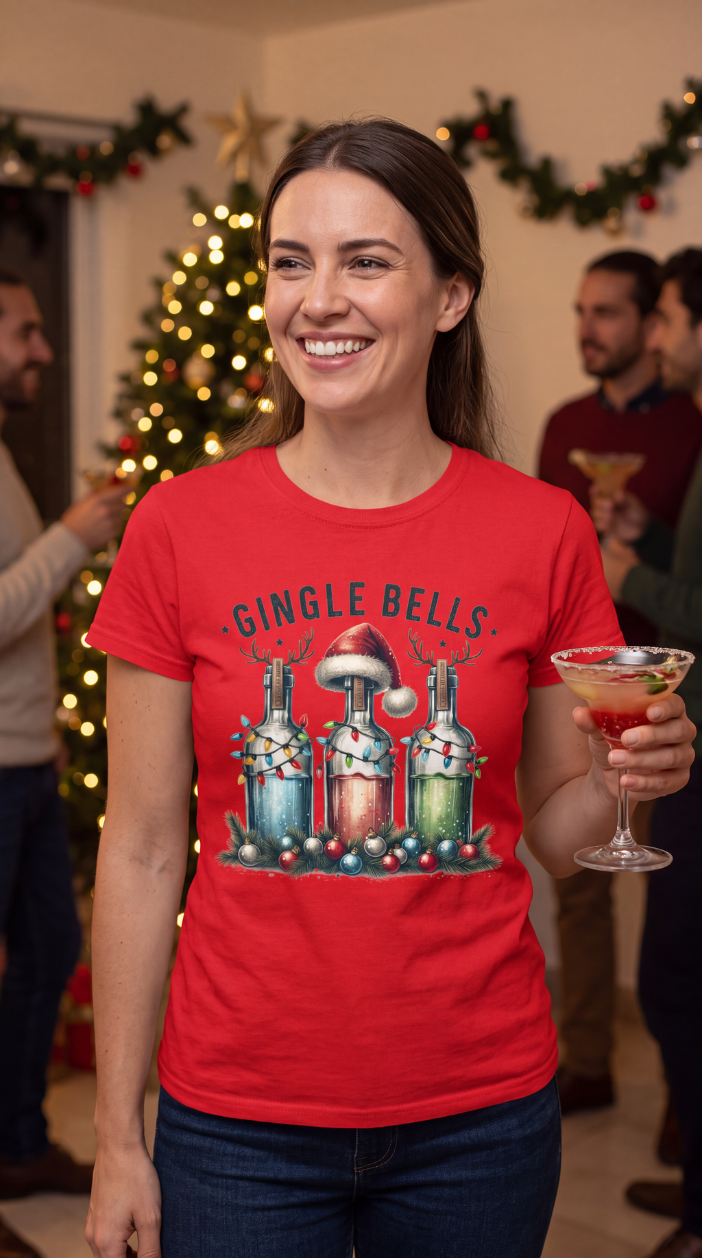 Woman wearing red Gingle Bells funny Christmas drinking shirt