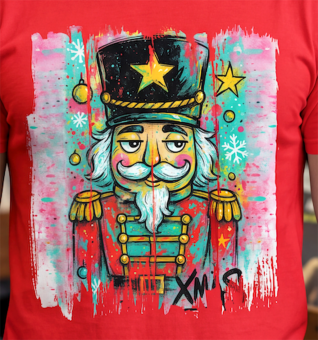 Close-up of colorful graffiti nutcracker Christmas artwork on red shirt