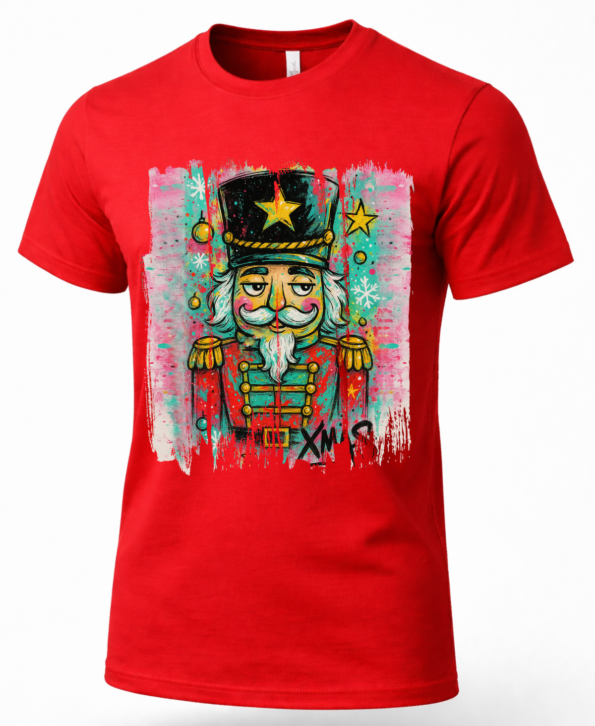 Red Christmas shirt featuring colorful graffiti style nutcracker design