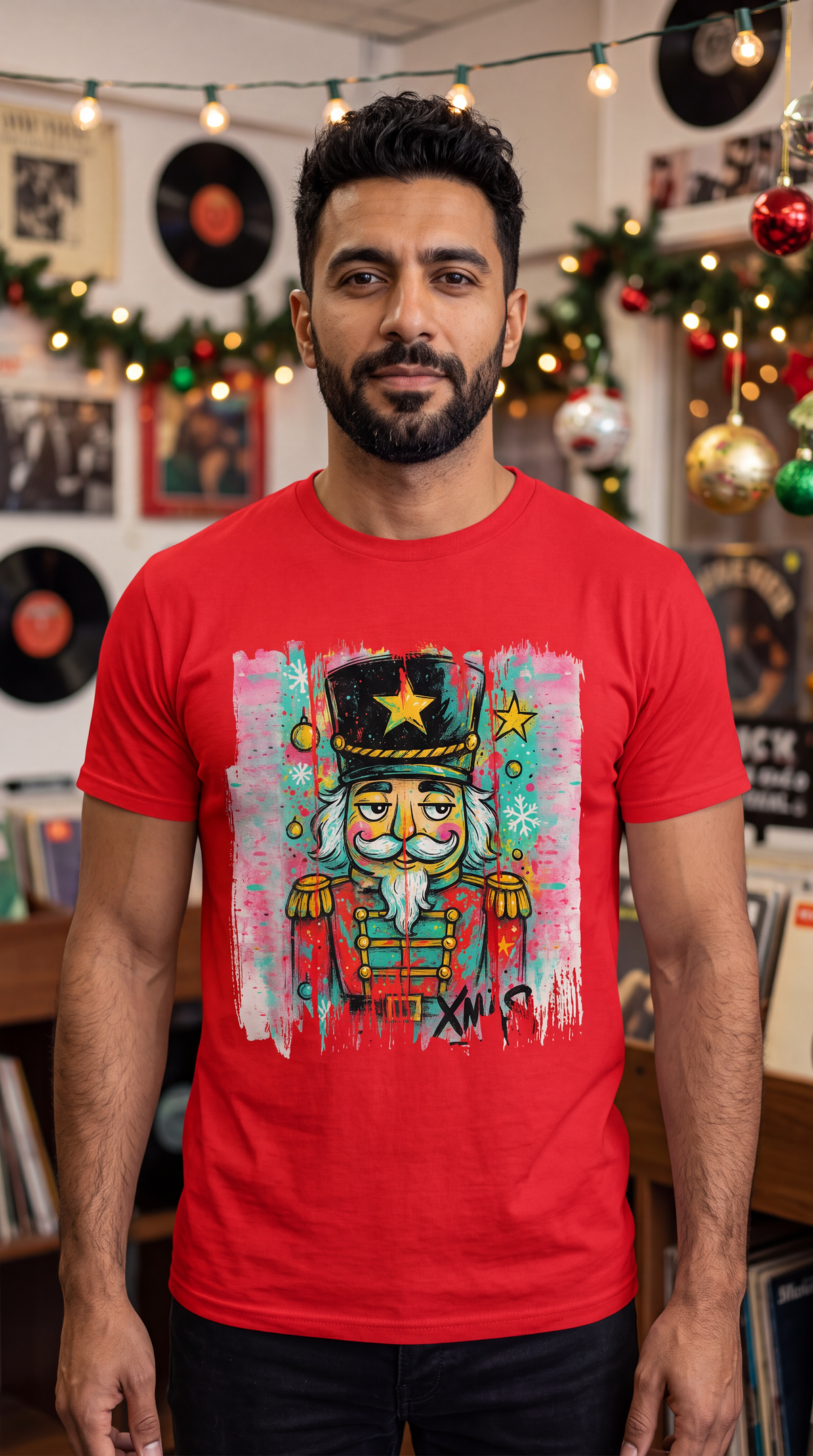 Man wearing red colorful graffiti nutcracker Christmas graphic tee