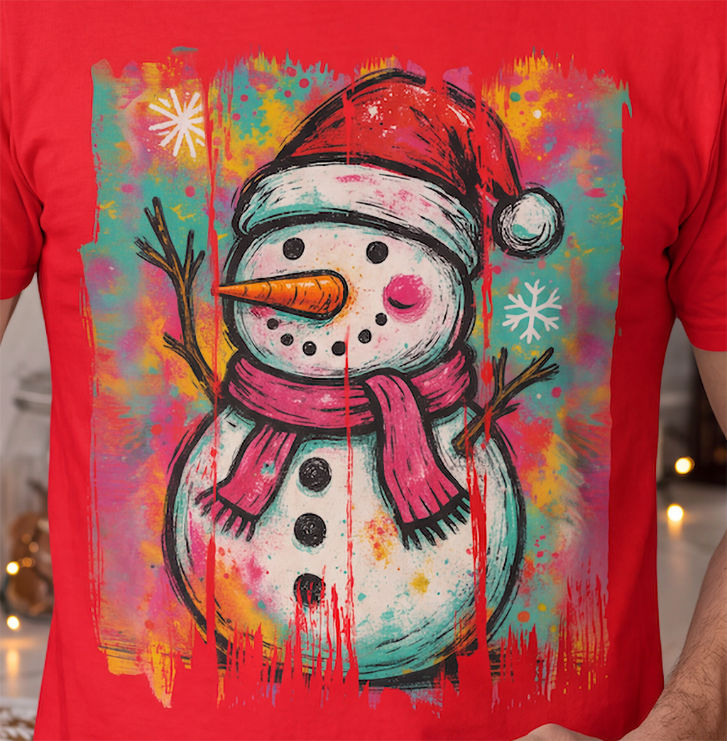 Close-up of colorful graffiti snowman Christmas design on red shirt.