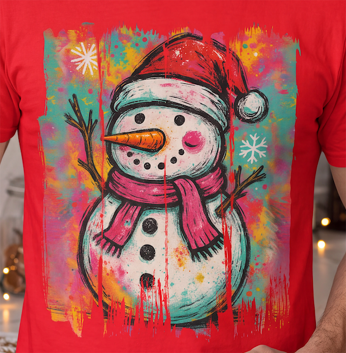 Close-up of colorful graffiti snowman Christmas design on red shirt.