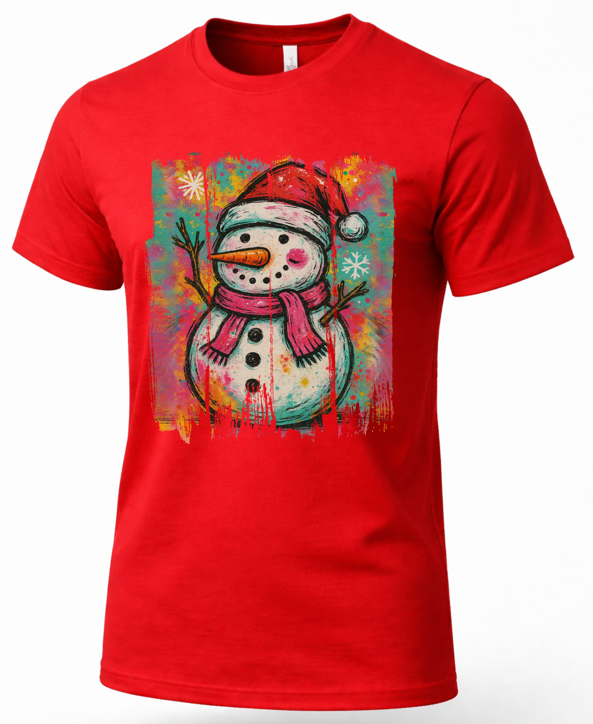 Red Graffiti Snowman Christmas graphic T-shirt product mockup.