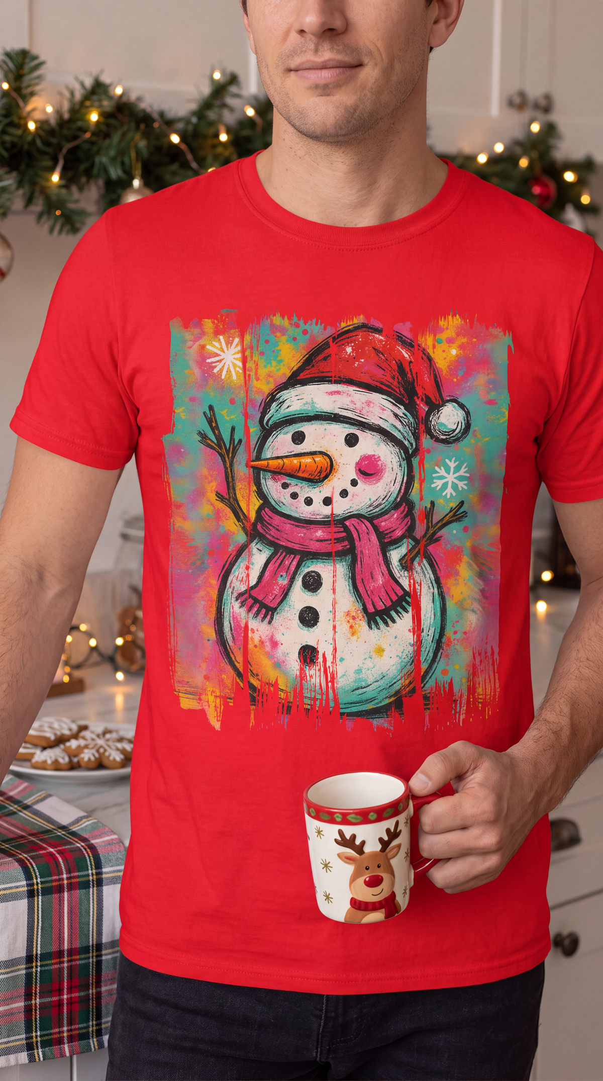 Person wearing red Graffiti Snowman Christmas graphic T-shirt.