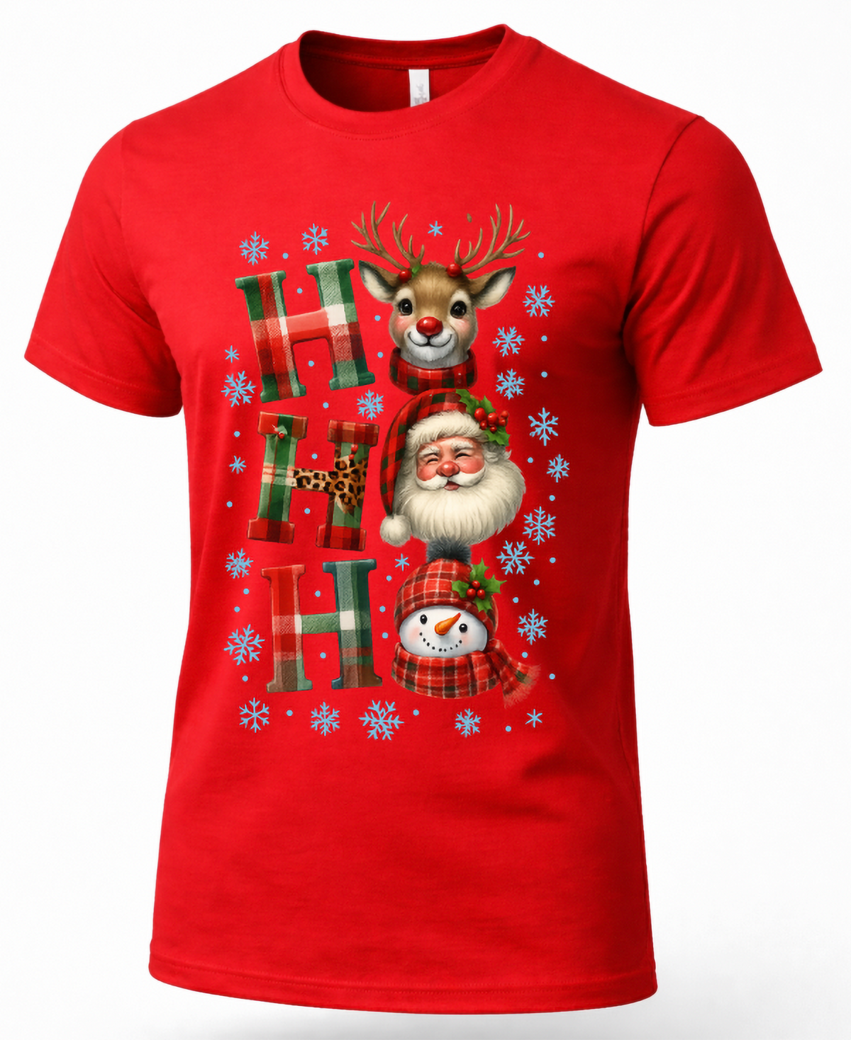 Red unisex Christmas t-shirt featuring plaid Ho Ho Ho lettering, smiling reindeer, Santa Claus and snowman.