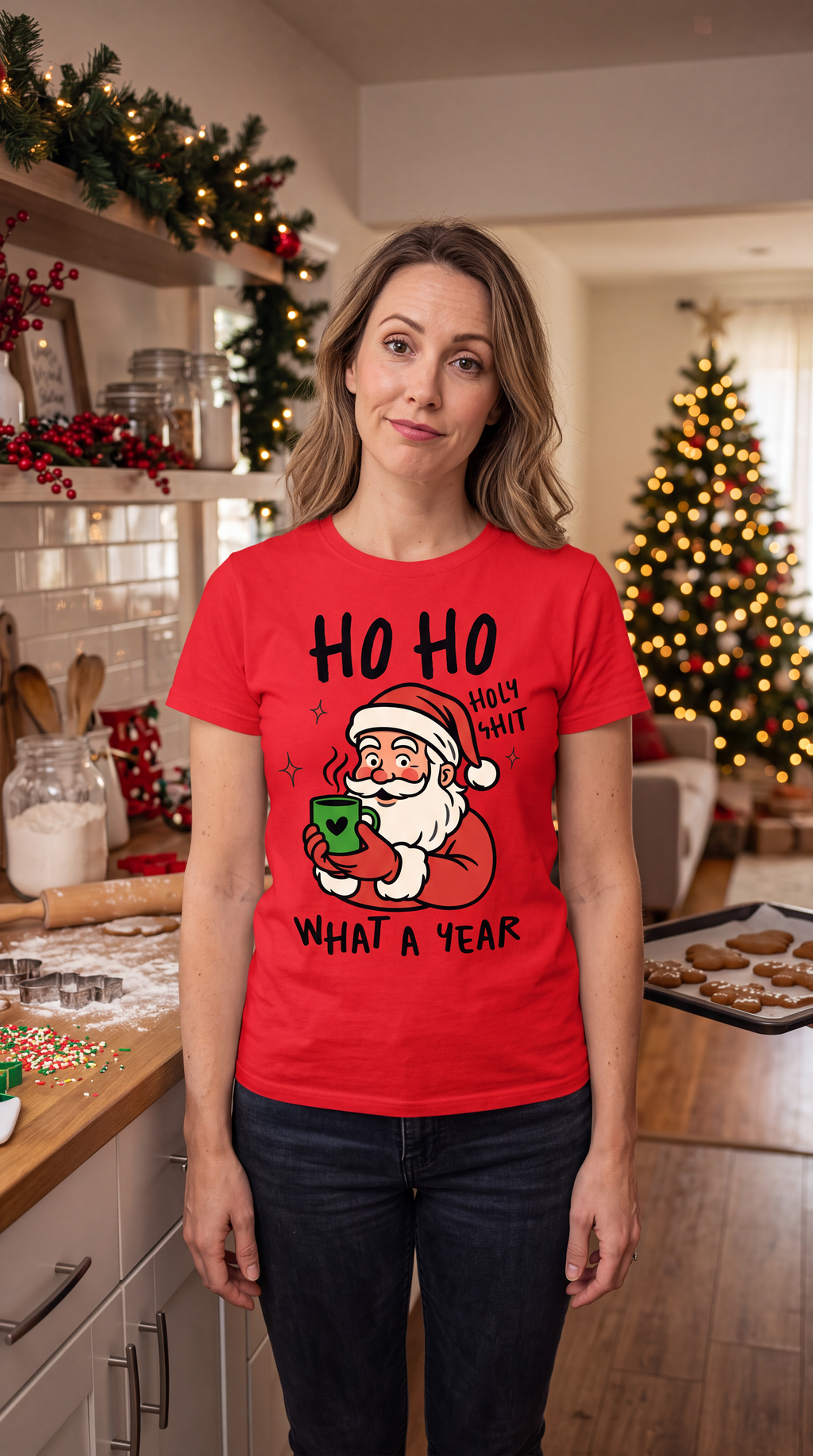 Woman wearing red Ho Ho Holy Shit Christmas graphic tee with funny Santa holiday design