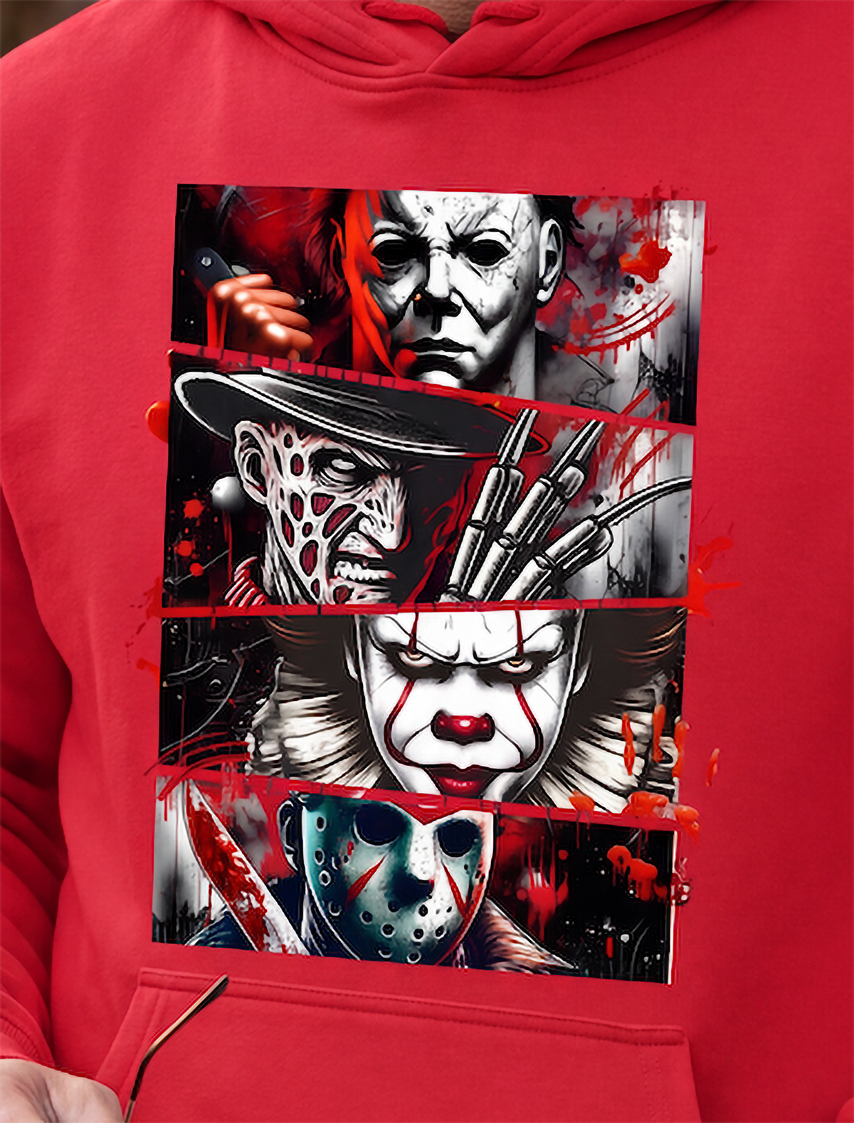 Close-up of red horror hoodie with Michael Myers Freddy Pennywise and Jason graphic