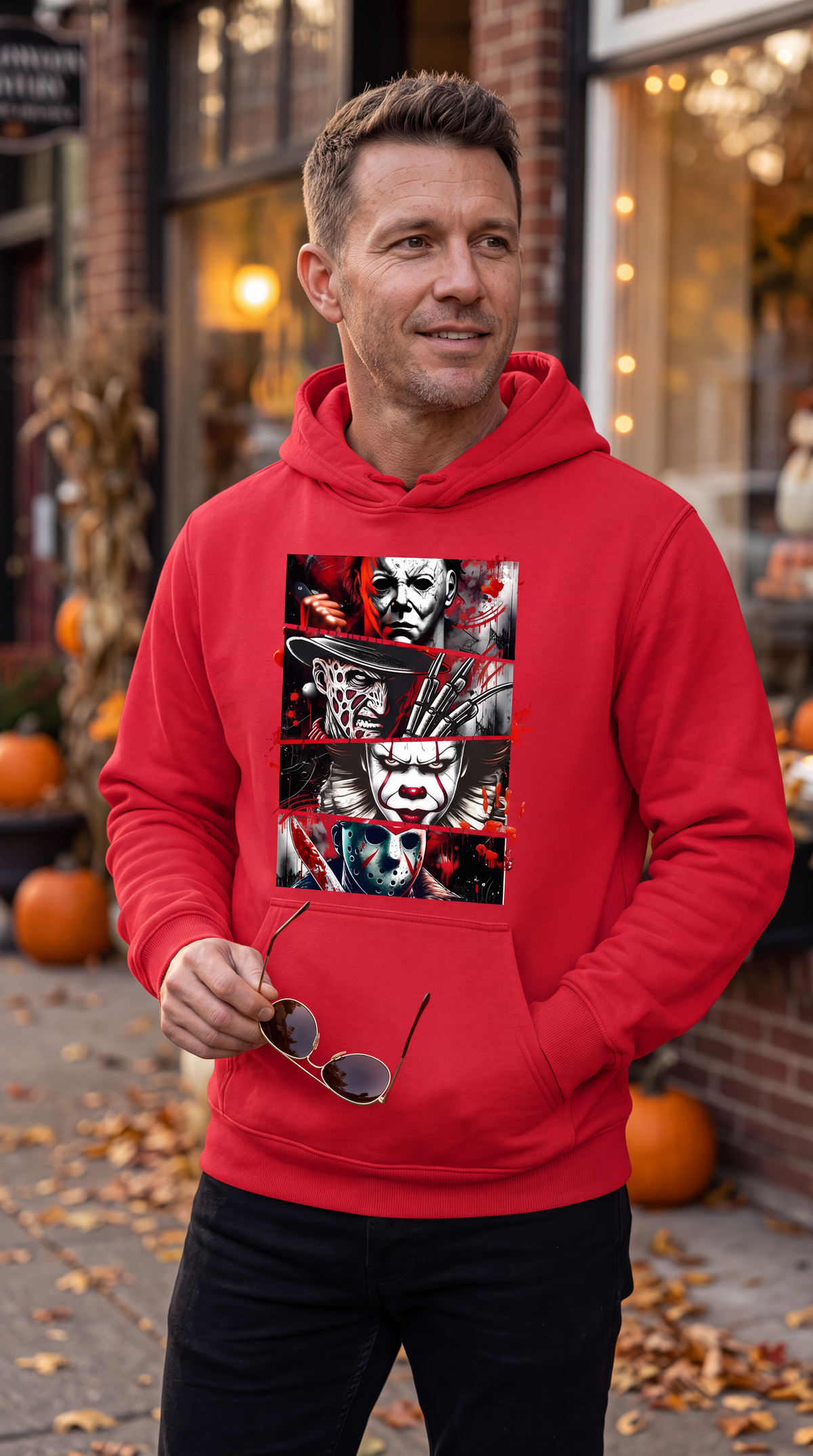 Man wearing red horror movie icons hoodie at Halloween pumpkin display