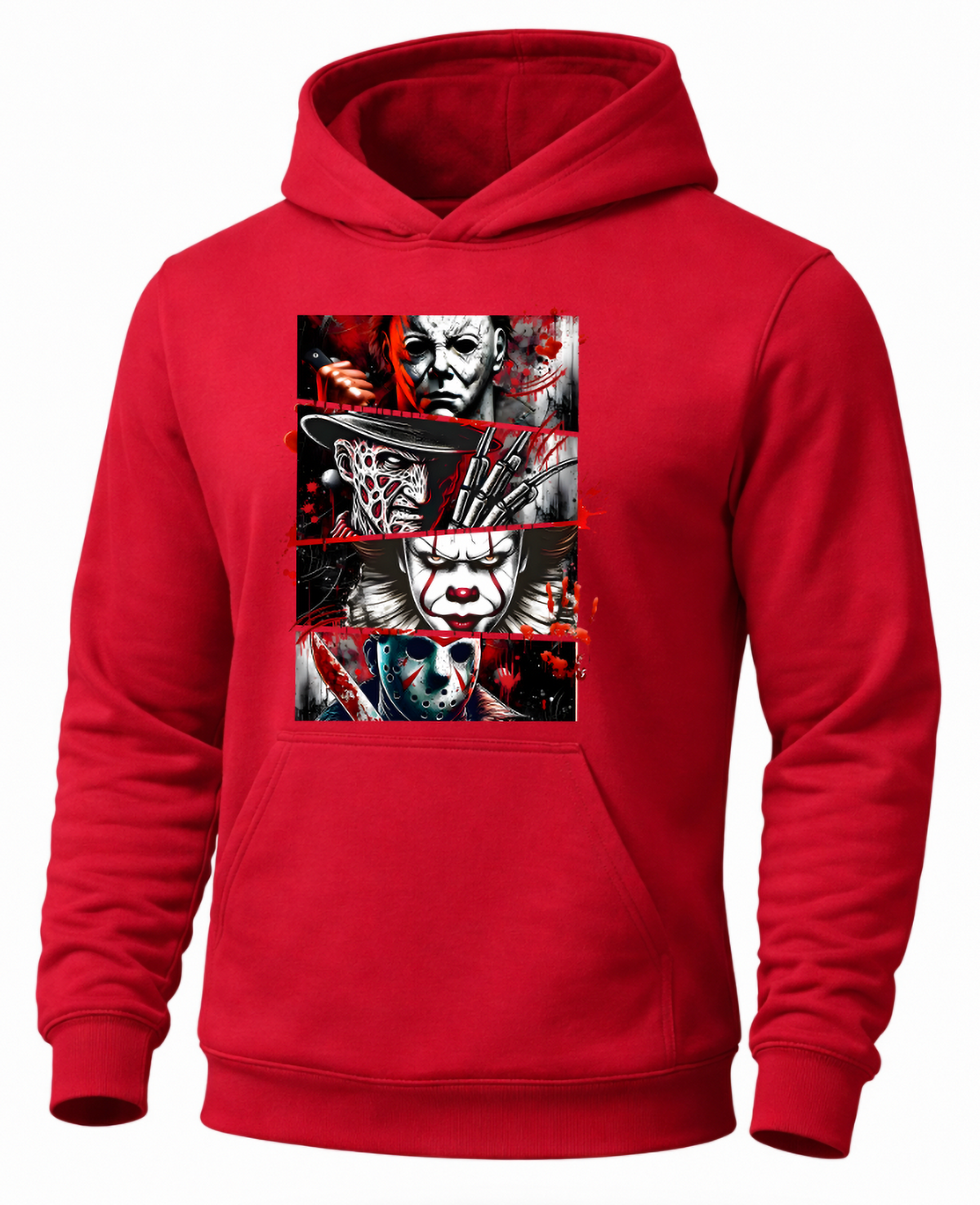 Red horror movie icons hoodie featuring Michael Myers Freddy Pennywise and Jason