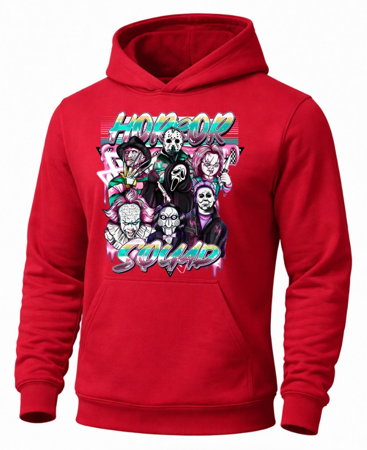 Red Horror Squad hoodie with colorful retro horror movie character design