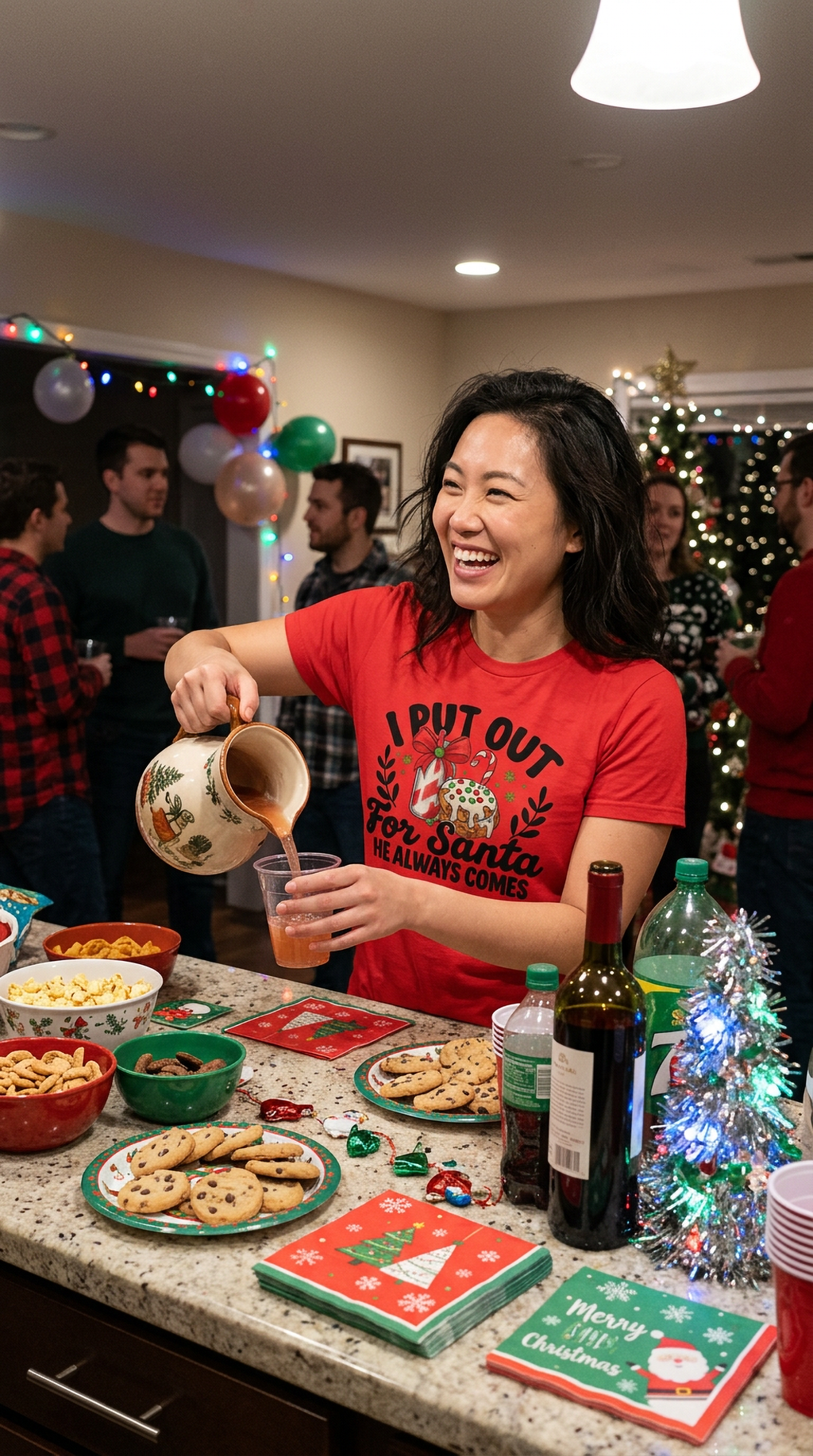 Woman wearing red I Put Out for Santa funny Christmas shirt at a holiday gathering