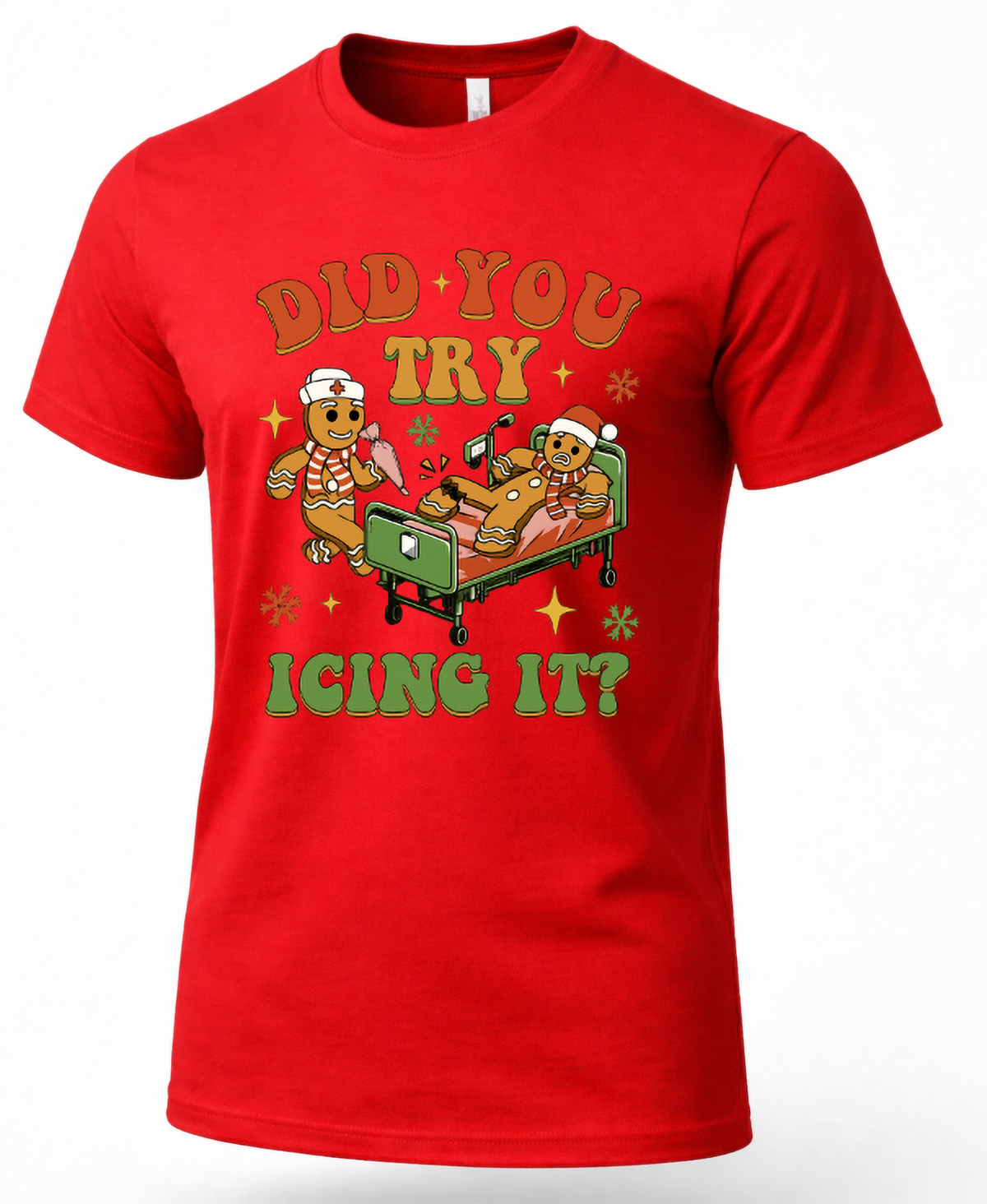 Red unisex Christmas graphic t-shirt featuring funny Did You Try Icing It gingerbread artwork.