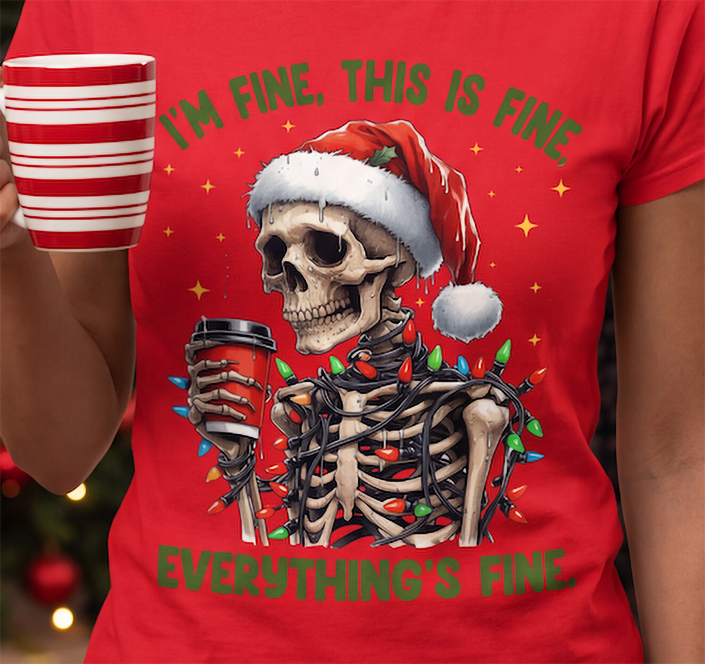 Close-up of I’m Fine Everything’s Fine skeleton Christmas graphic on red shirt.