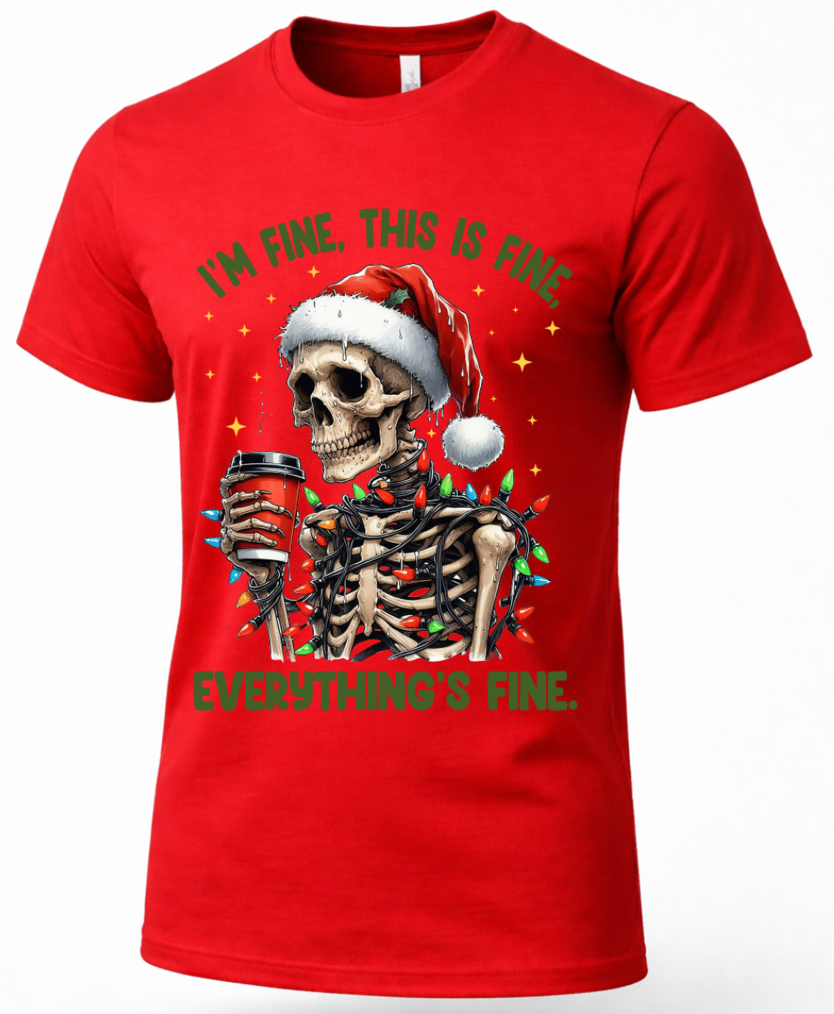 Red Christmas graphic tee featuring funny skeleton in Santa hat tangled in holiday lights.
