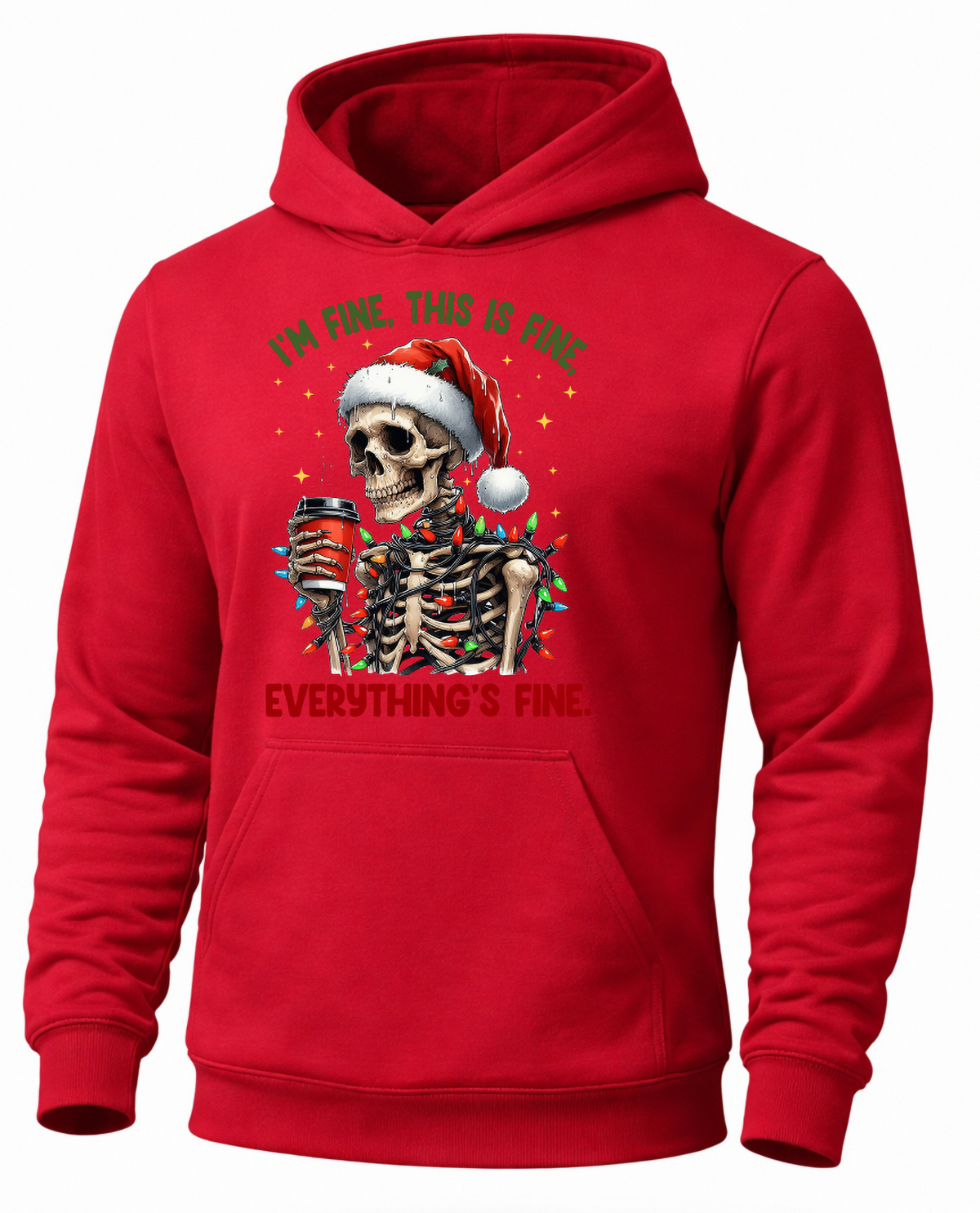 Red funny Christmas skeleton hoodie with Santa skull, coffee cup and holiday lights graphic