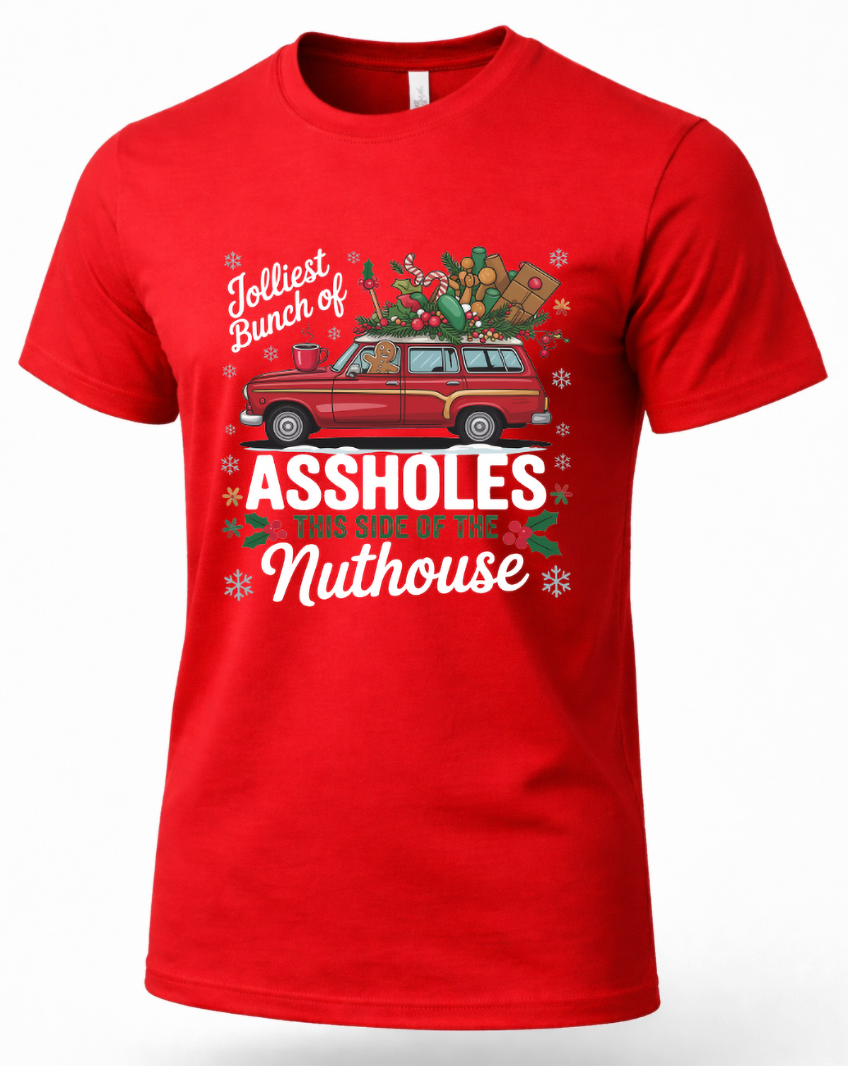 Red Jolliest Bunch of Assholes Christmas shirt featuring festive station wagon holiday design.