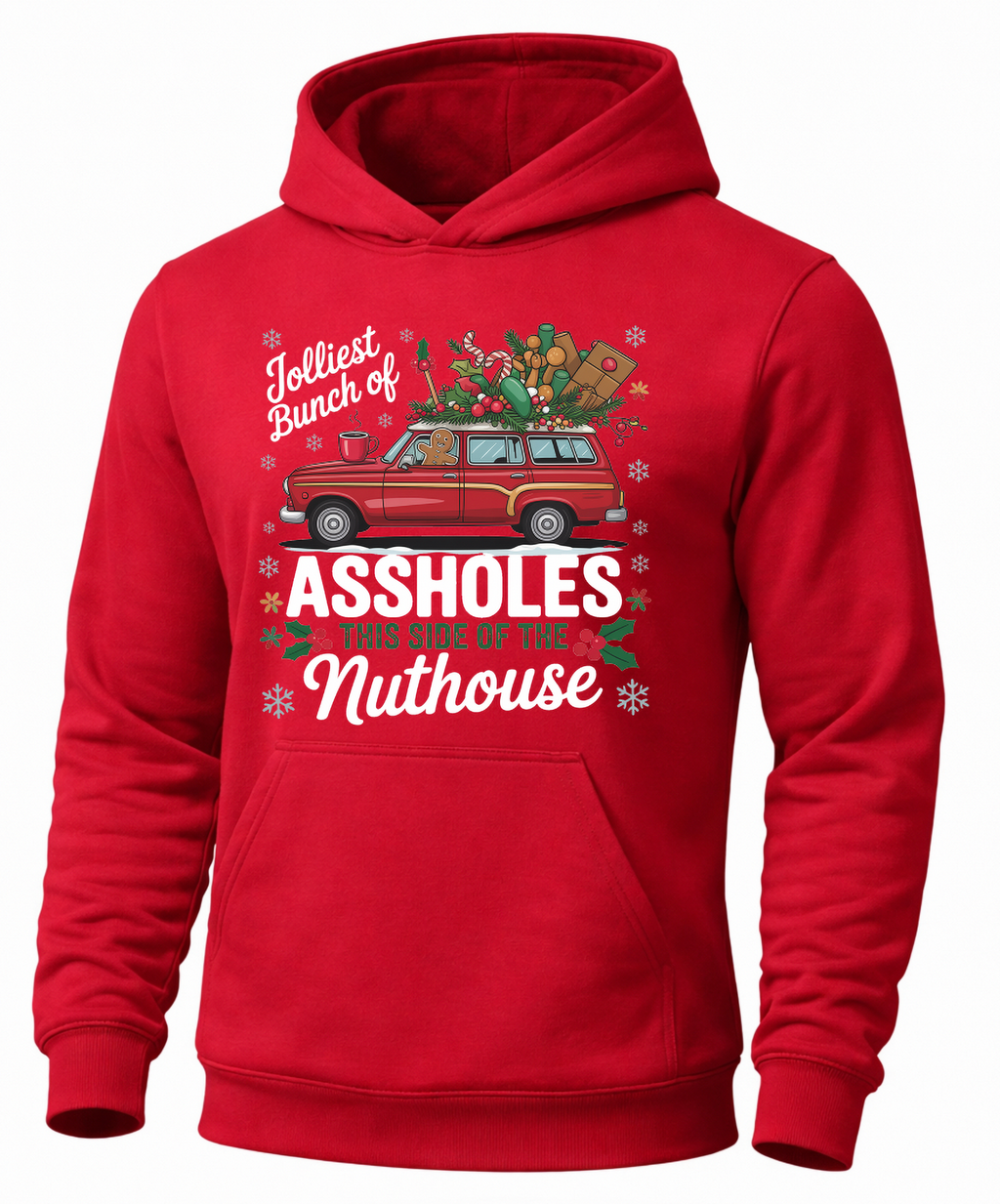 Red Jolliest Bunch funny Christmas hoodie with retro holiday station wagon graphic