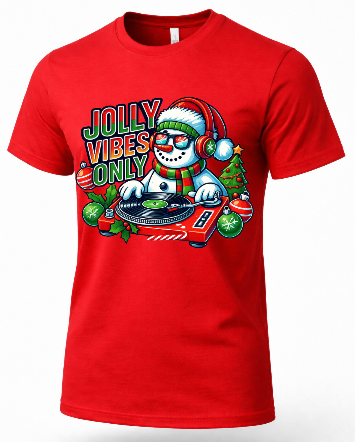 Red Mockup: Red unisex Christmas graphic t-shirt featuring a snowman DJ, colorful holiday ornaments, and Jolly Vibes Only lettering.