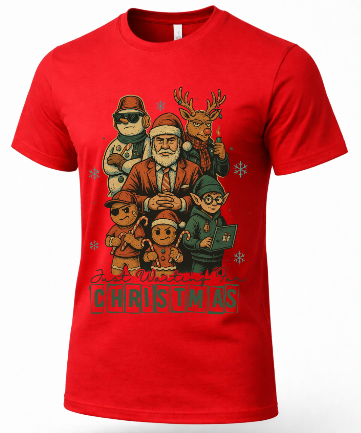 Red Christmas graphic tee featuring a festive holiday character crew with Santa, reindeer, elf, snowman and gingerbread characters.