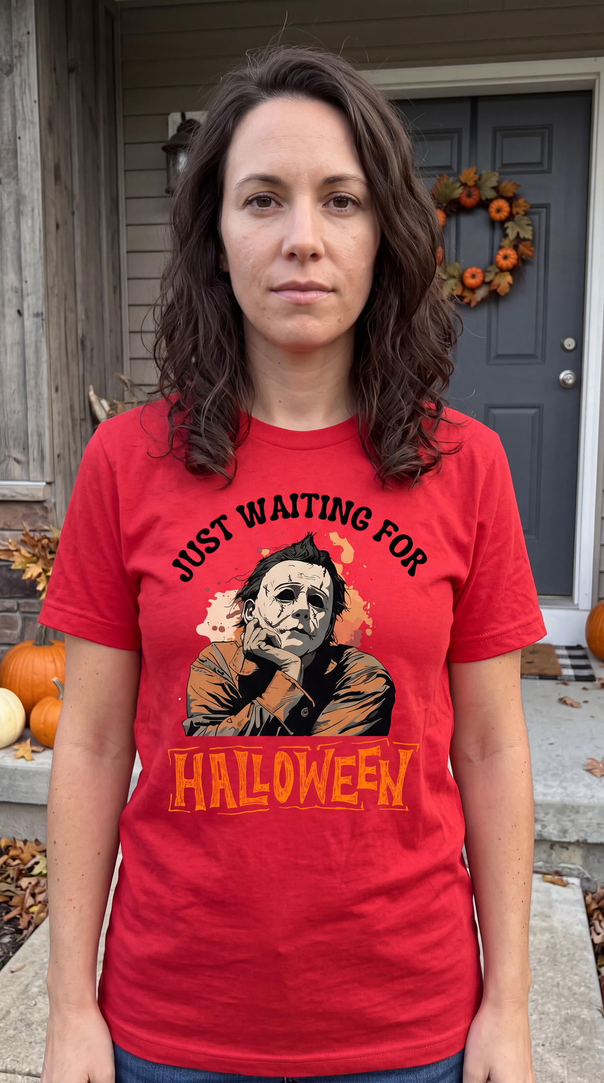 Woman wearing red Michael Myers Just Waiting for Halloween horror shirt
