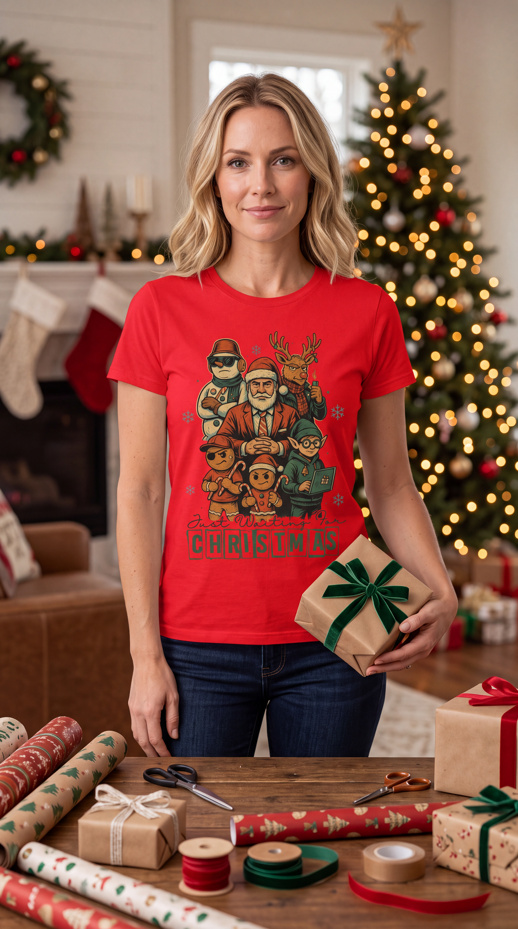 Woman wearing red funny Christmas graphic shirt featuring Santa, reindeer, elf, snowman and gingerbread characters.
