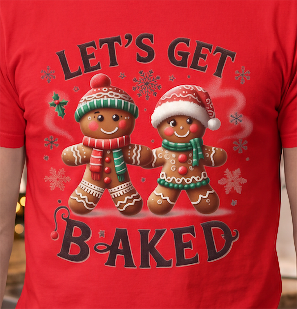 Close-up of Let’s Get Baked Christmas gingerbread graphic printed on red shirt.