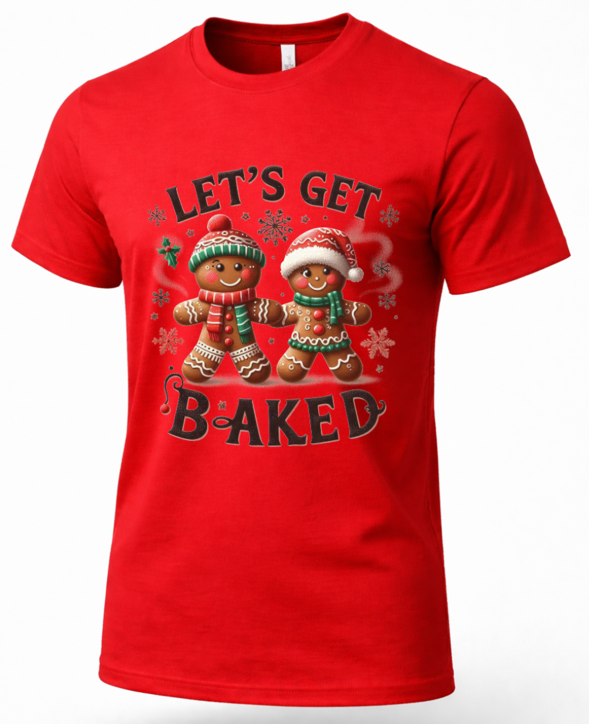 Red Let’s Get Baked Christmas shirt featuring a festive gingerbread couple and funny Christmas saying.
