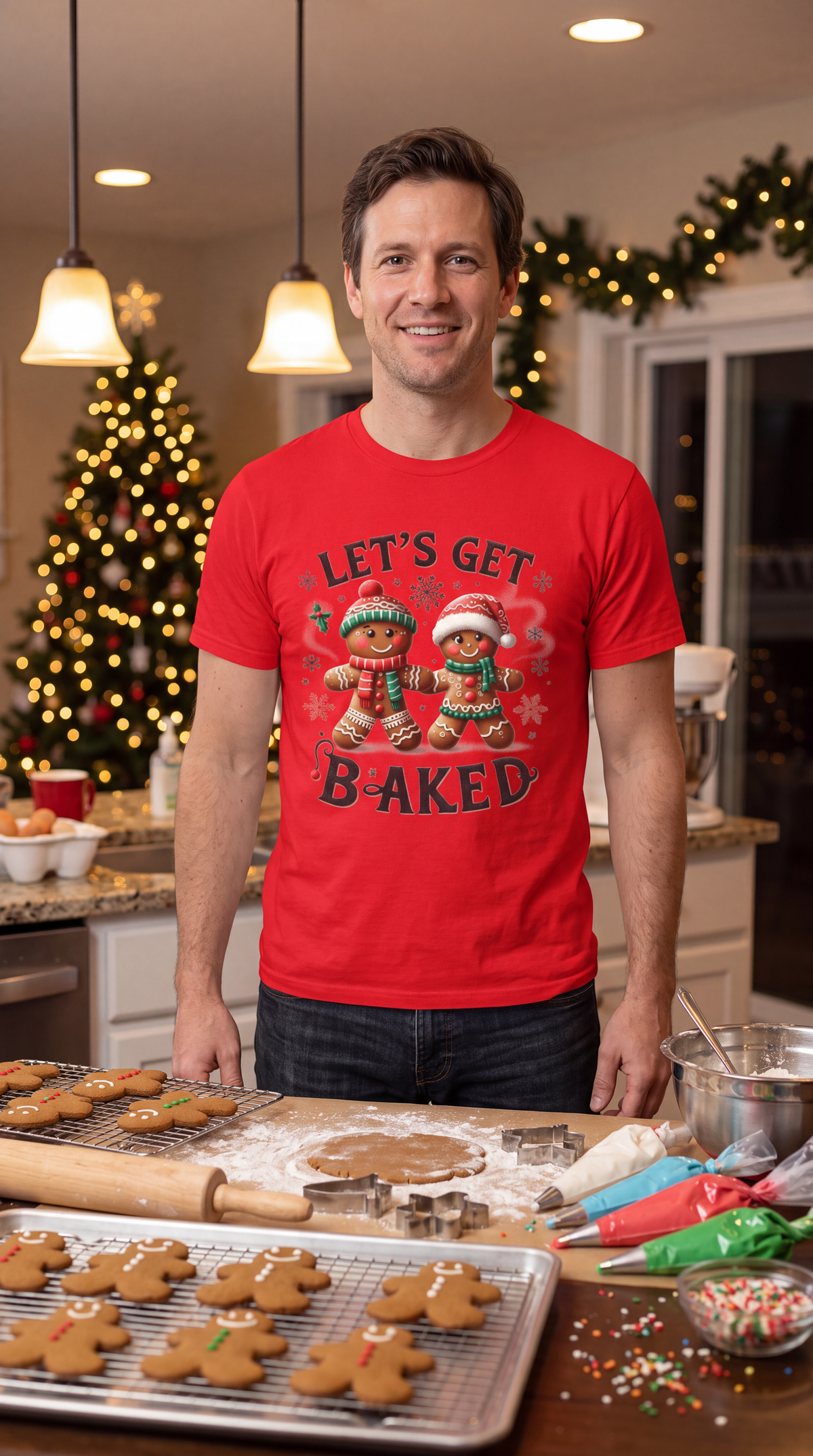 Woman wearing red Let’s Get Baked Christmas graphic tee in a festive holiday setting.
