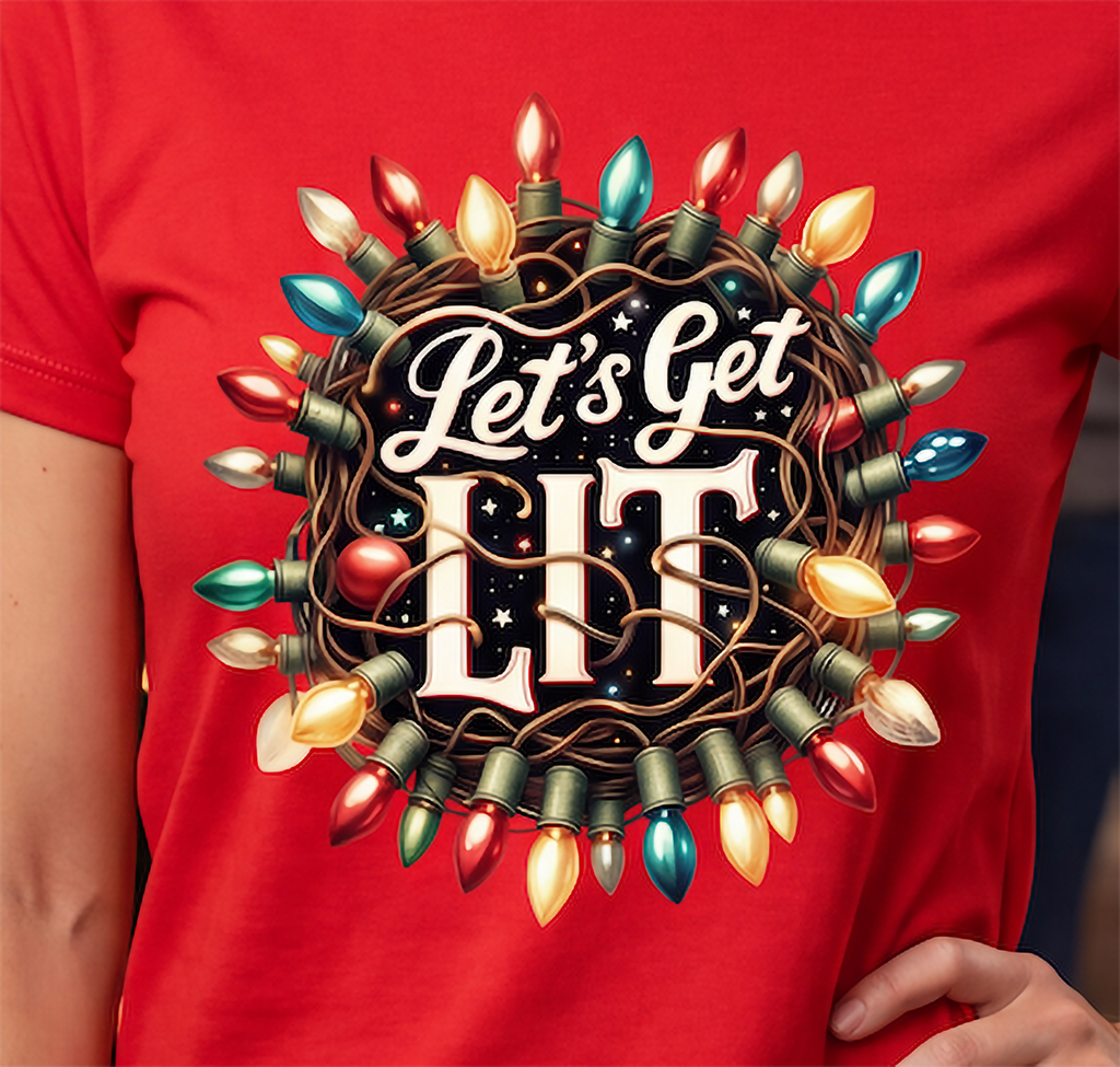 Close-up of Let’s Get Lit Christmas shirt design surrounded by colorful vintage-style holiday lights.