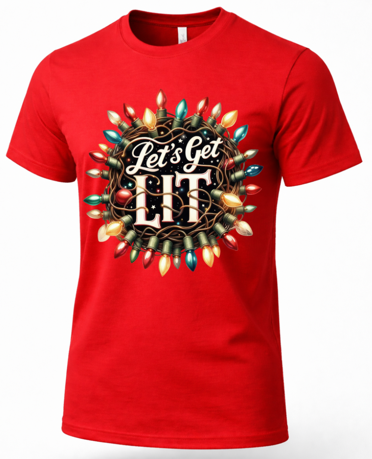 Red Let’s Get Lit Christmas graphic T-shirt featuring a colorful tangled Christmas lights design