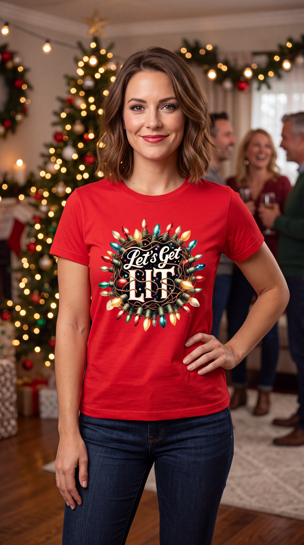 Woman wearing red Let’s Get Lit Christmas shirt featuring colorful vintage Christmas lights in a festive holiday setting.