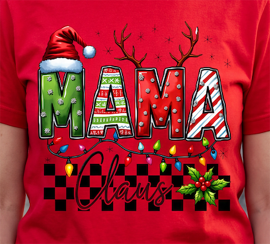 Close-up of red Mama Claus Christmas shirt featuring festive MAMA lettering and Christmas details