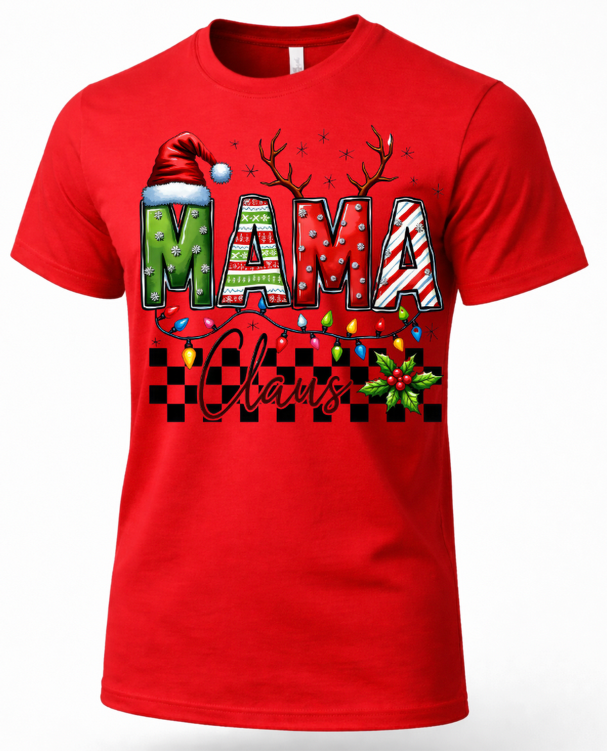 Red Mama Claus Christmas graphic tee featuring Santa hat, antlers and colorful holiday lights