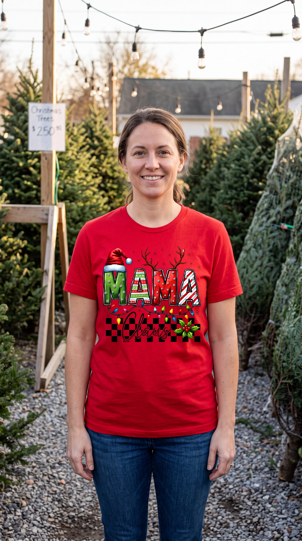 Woman wearing red Mama Claus Christmas graphic shirt outdoors during the holiday season