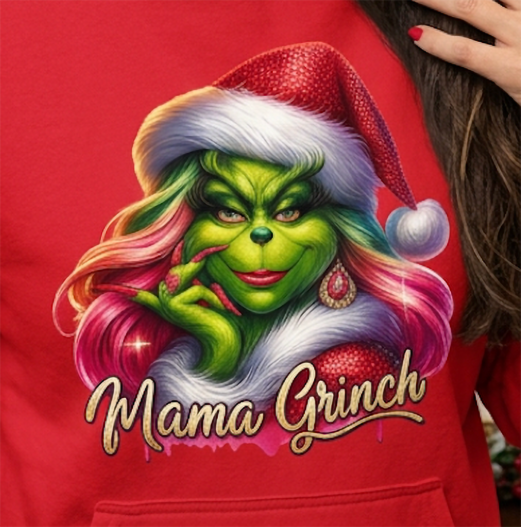 Close-up of Mama Grinch Christmas graphic on red hoodie
