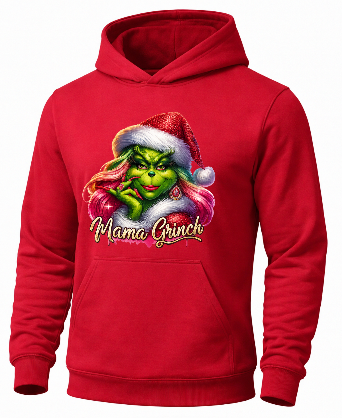 Red Mama Grinch hoodie with pink-haired Grinch Christmas design