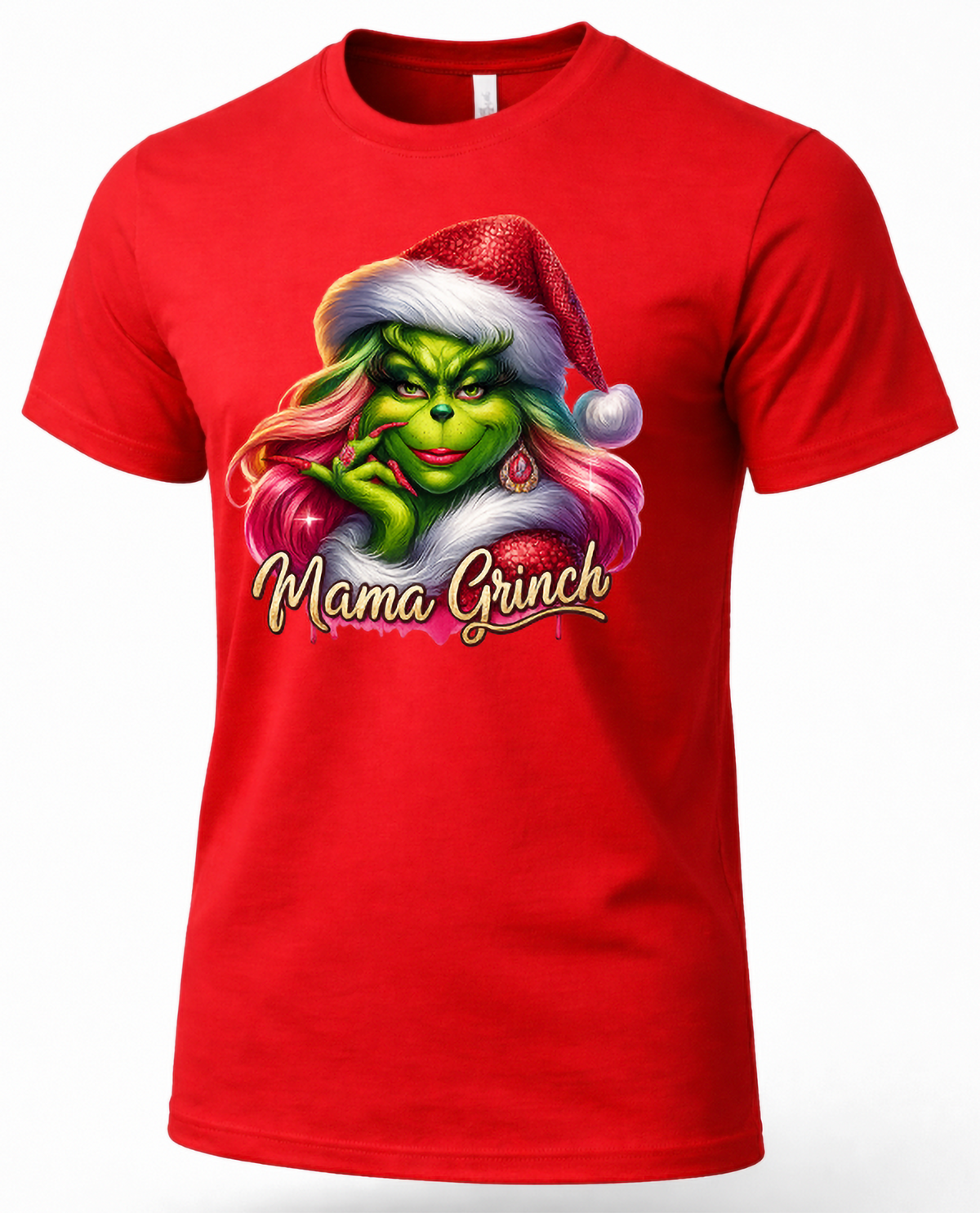 Red Mama Grinch Christmas graphic shirt featuring colorful green character, pink hair and festive holiday lettering.