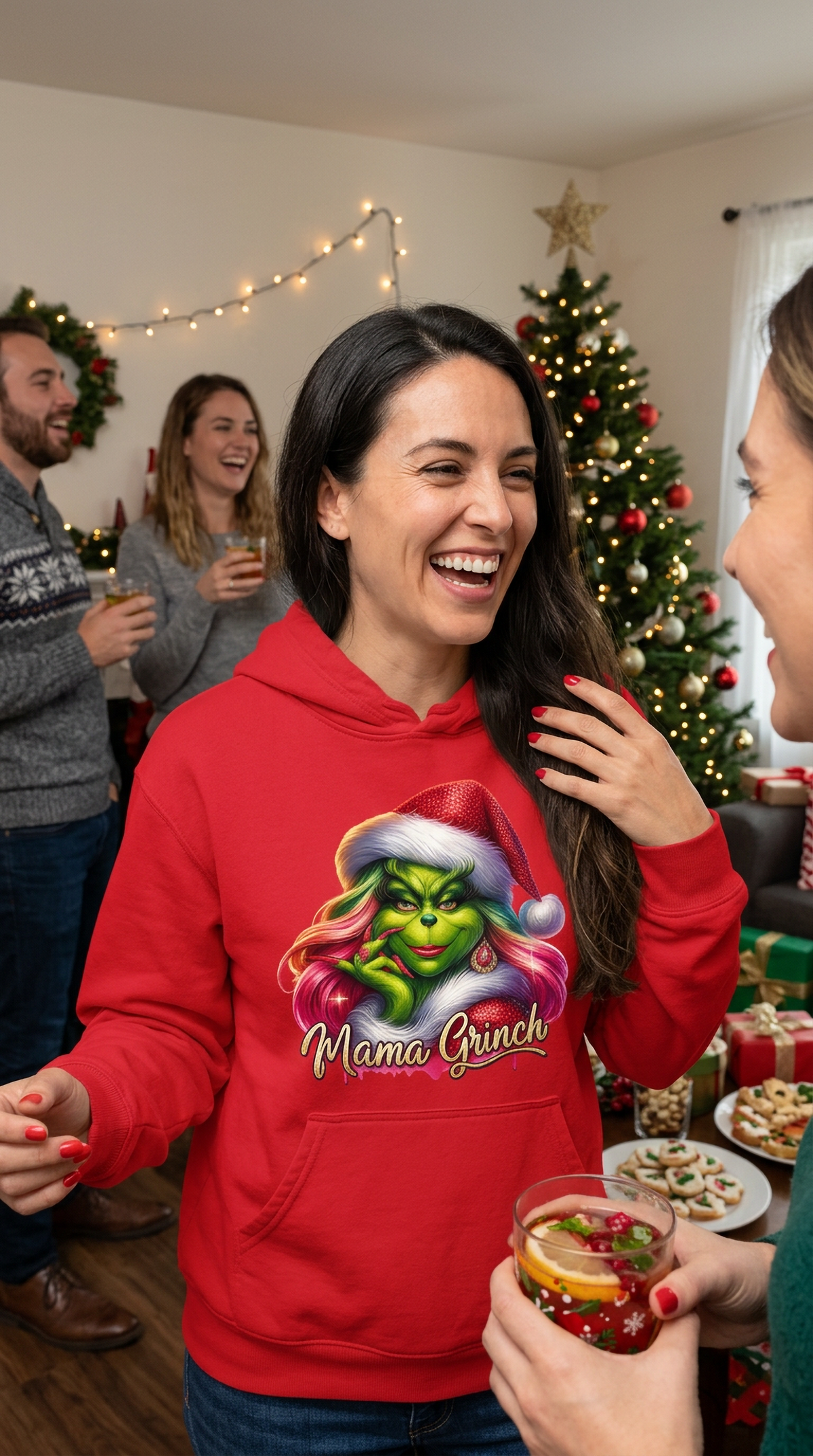 Woman wearing red Mama Grinch hoodie for a festive Christmas outfit