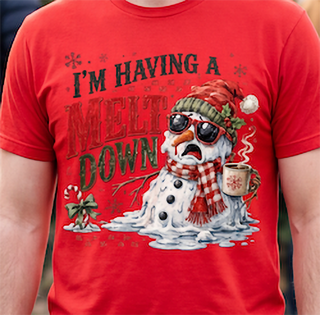 Close-up of red I’m Having a Meltdown Christmas graphic tee with snowman, scarf and holiday drink.